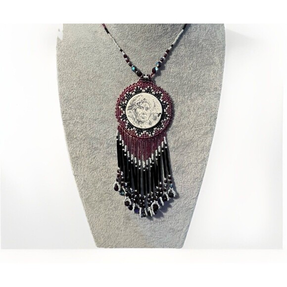 VTG Native American Handmade Seed Bead Portrait Pendant Necklace Leather Backed - Picture 1 of 7